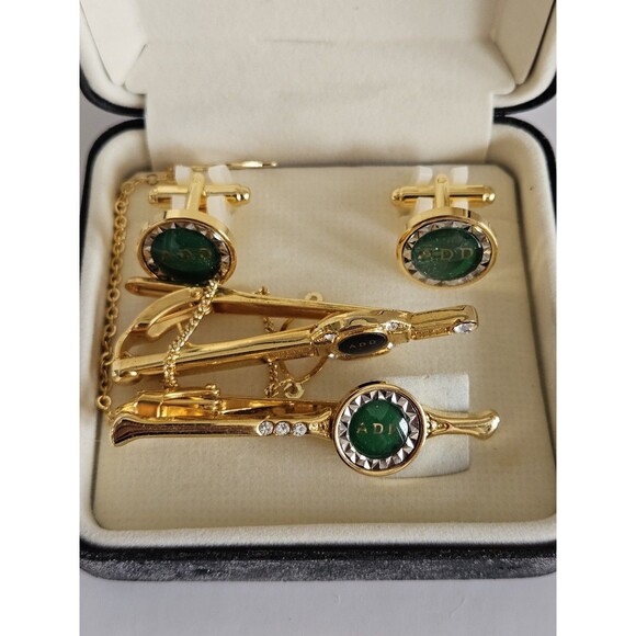 Agency for Defense Development Cuff Link Tie Bar Set Gold Tone W/Box Green Black - Picture 2 of 5
